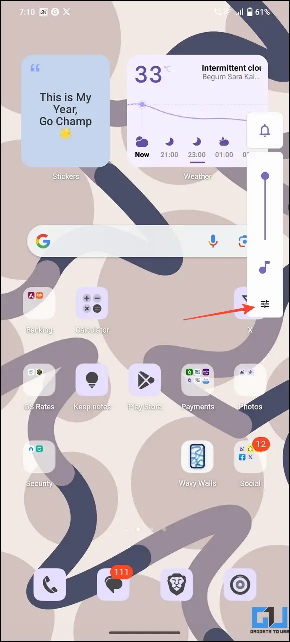 Settings icon on volume indicator