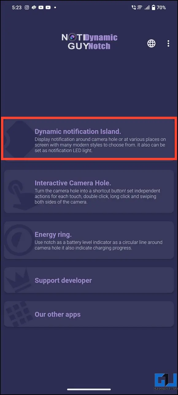 select dynamic notification island