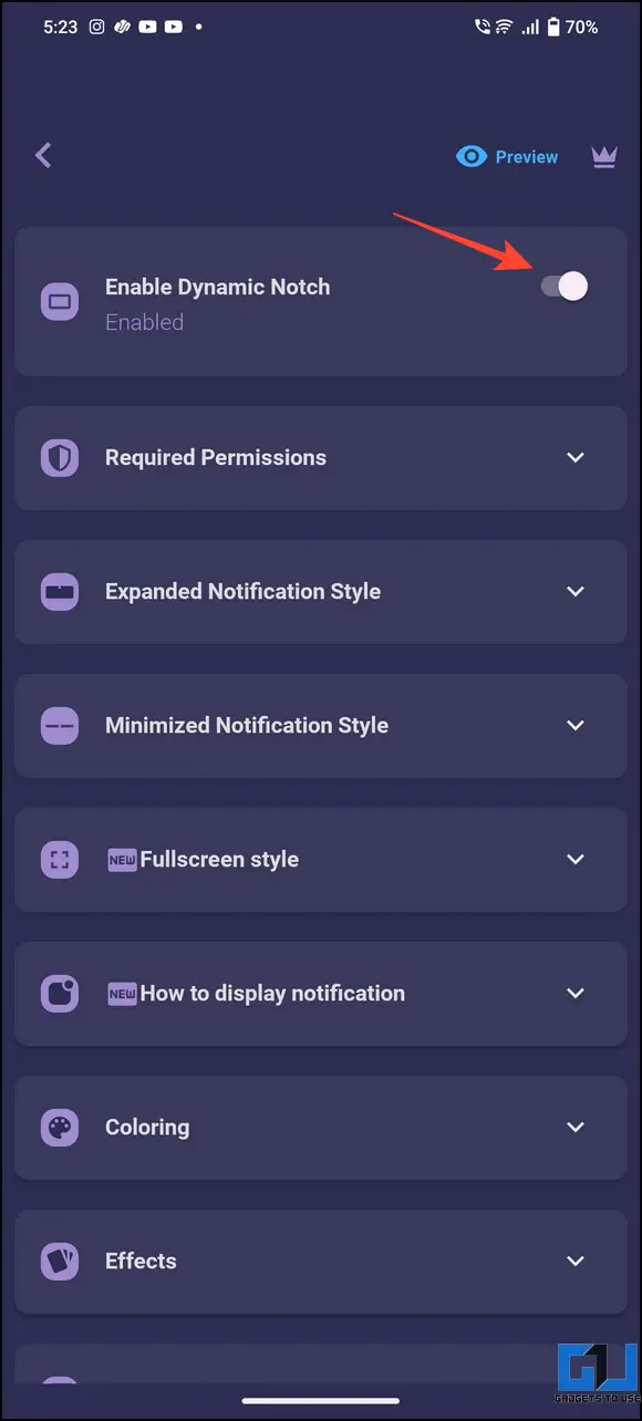 enable the toggle for dynamic notification island