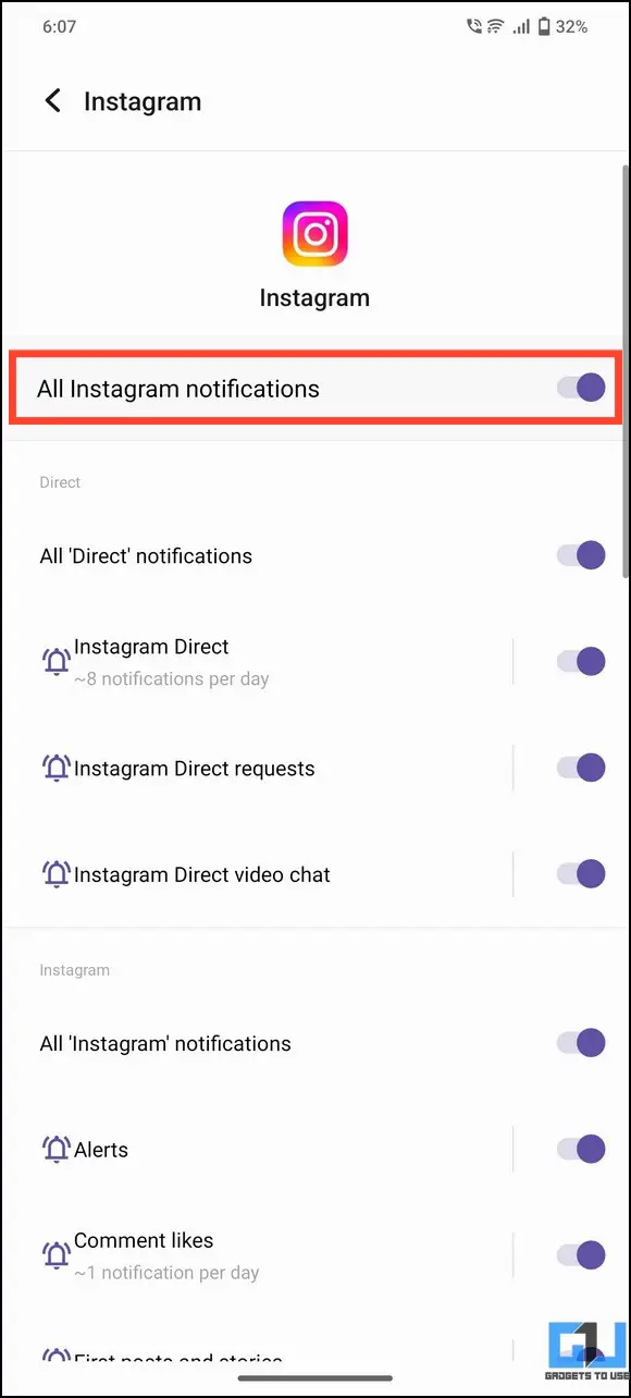 Turn off toggle for Instagram Notifications