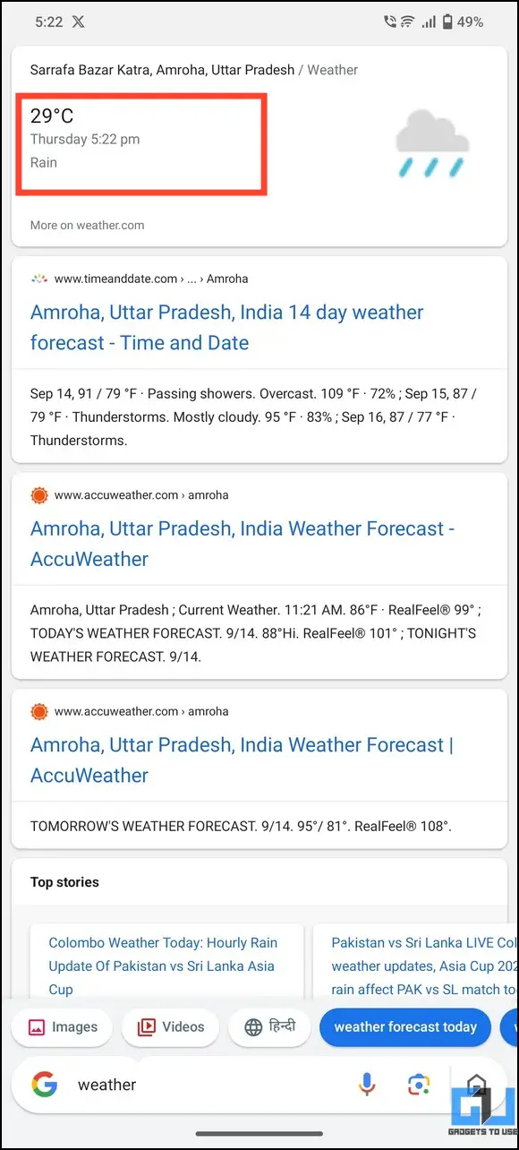 Weather in Google Go app