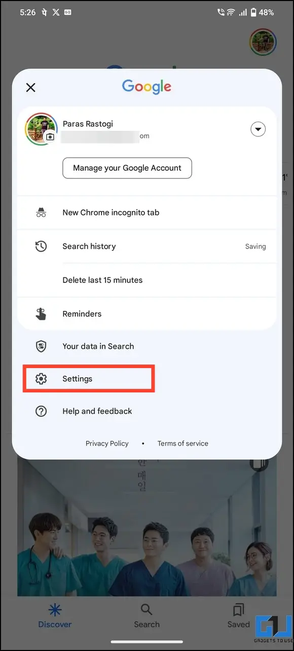 Settings page of Google App
