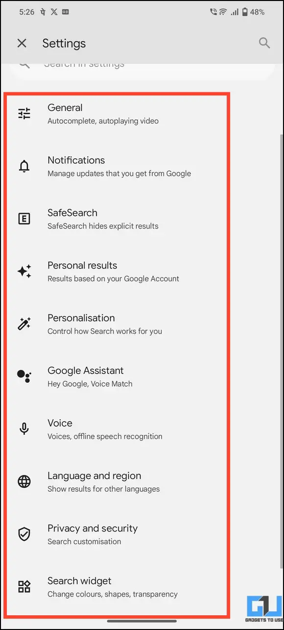 Settings page of Google Go App