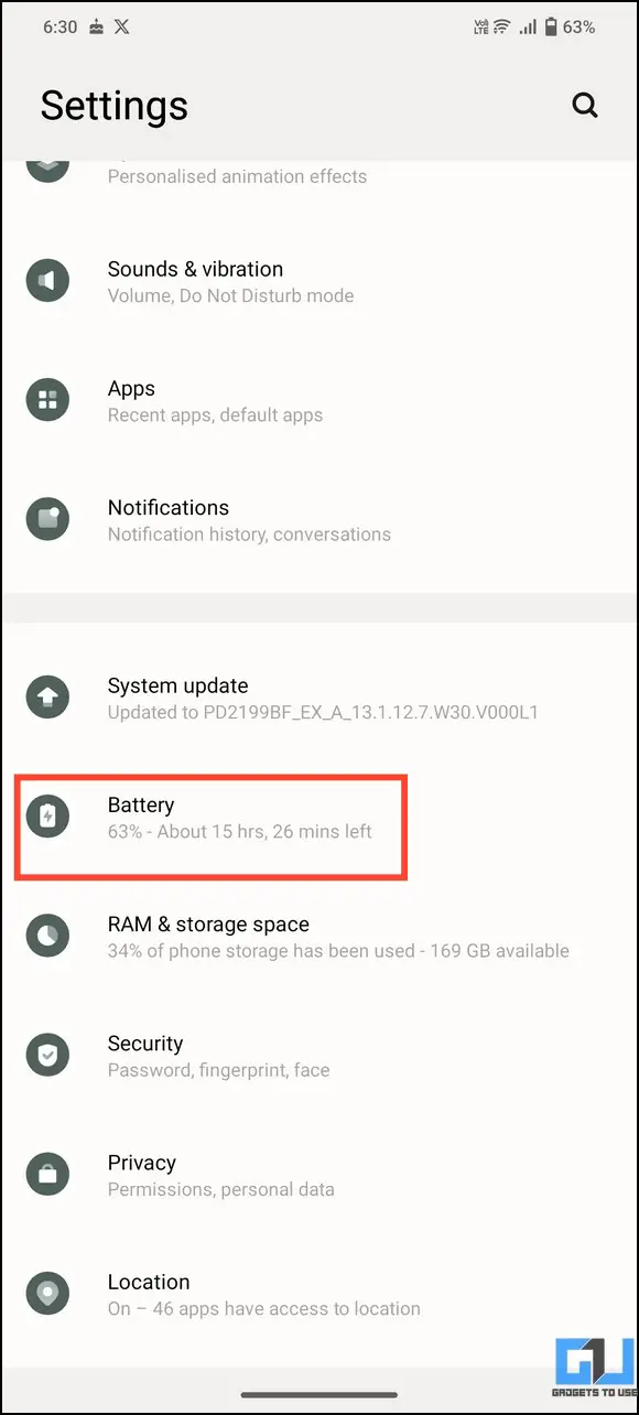 Go to battery settings from phone settings