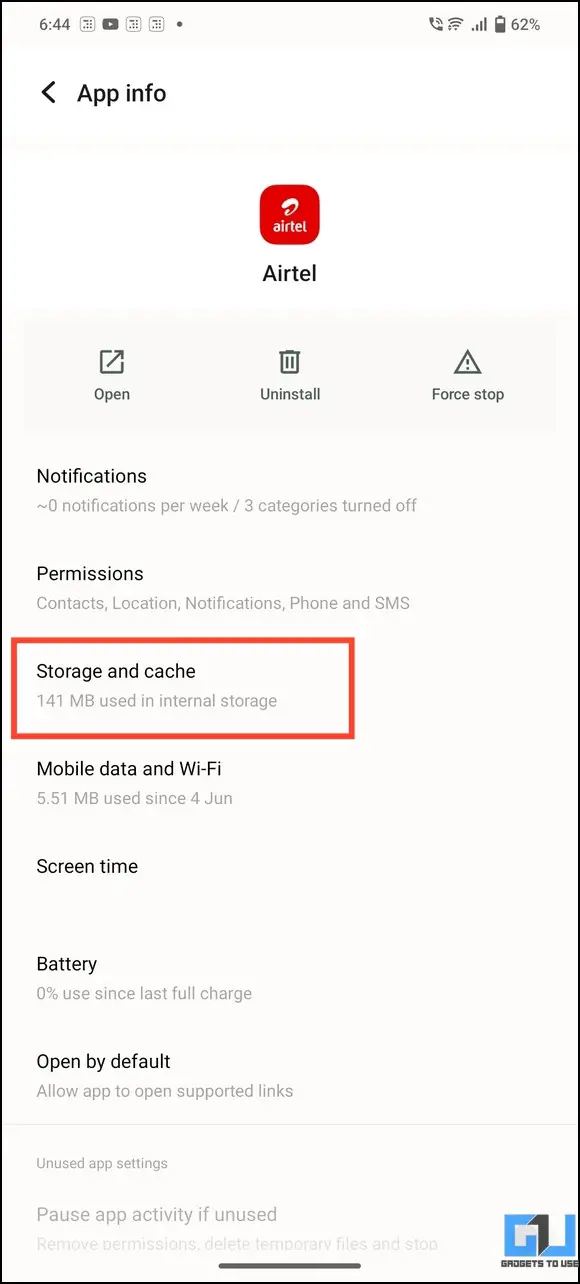 tap storage and cache of the app