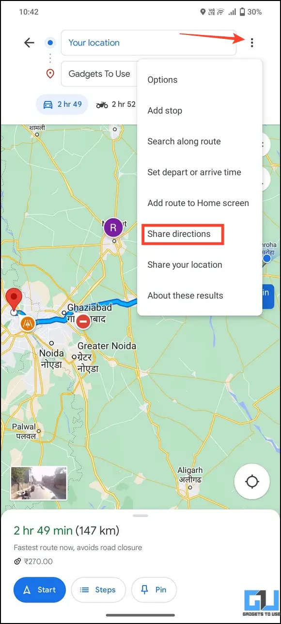 Tap Share Directions from three dots menu on app