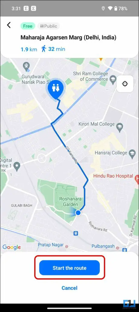 route to the selected toilet from your location