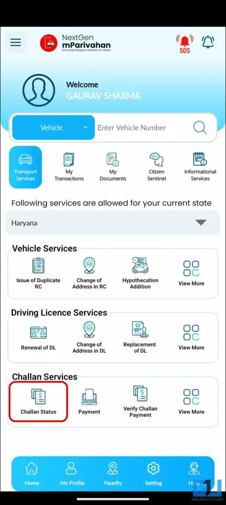 mParivahan app check challan option under transport services