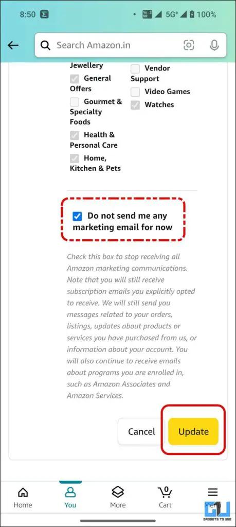 Unsubscribe Amazon Product marketing Email