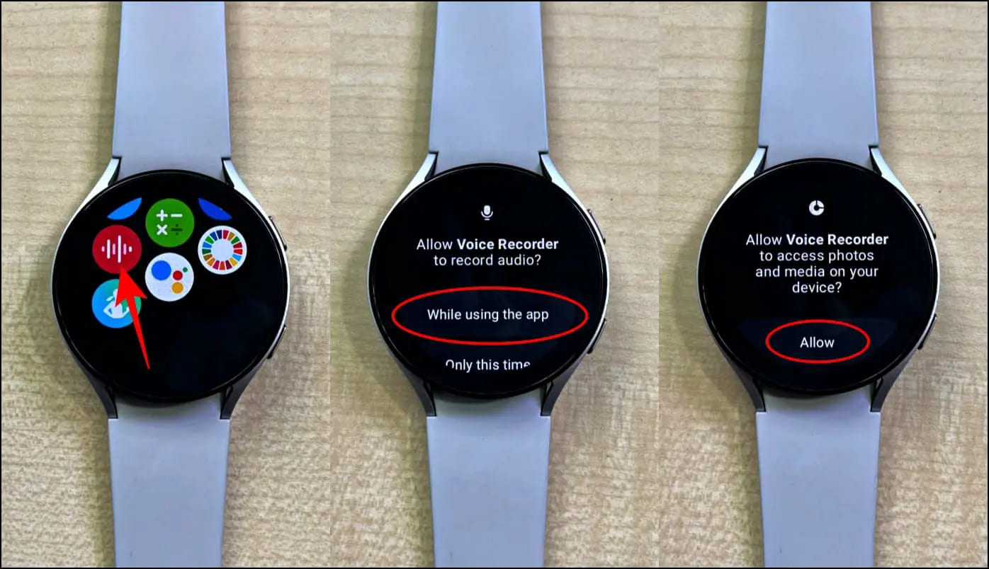 Open Recorder app on Galaxy Watch and allow the permissions