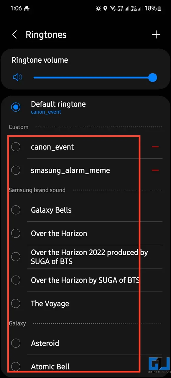 Select a ringtone from the list
