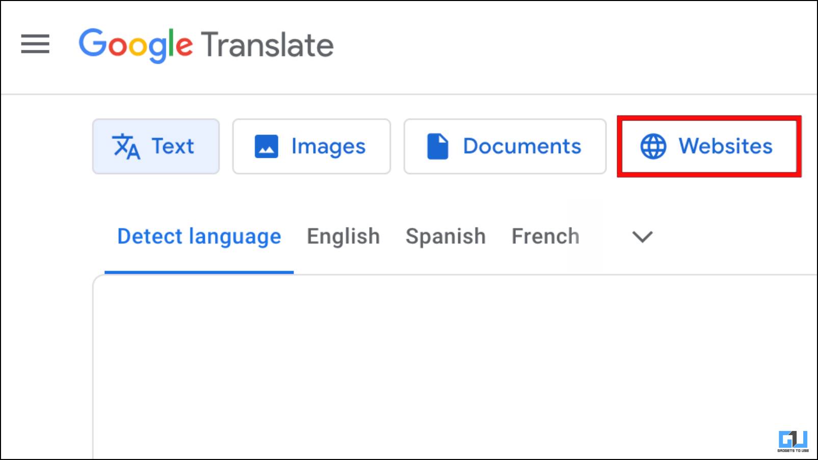 Choose Websites Option in Google Translate