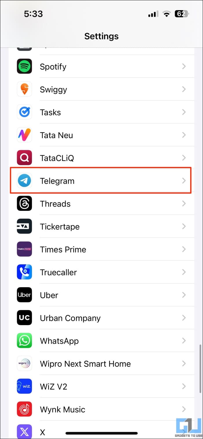 In iPhone Settings, select Telegram