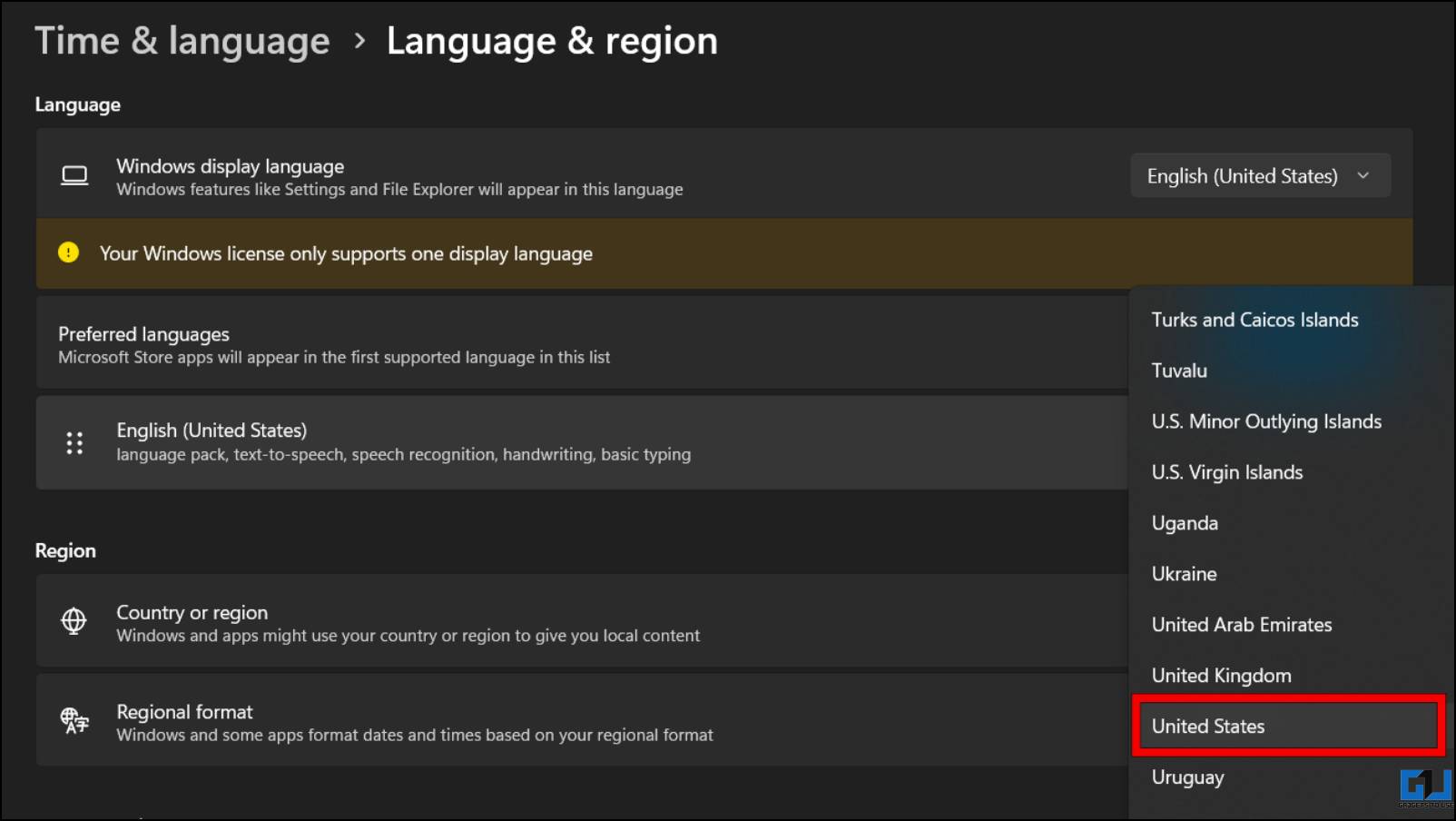 Change Region in Windows 11 to United States