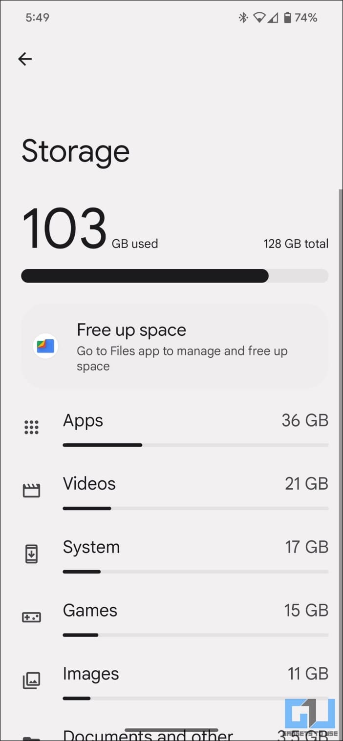 Storage Tab Showing Space Occupied by Files on Phone