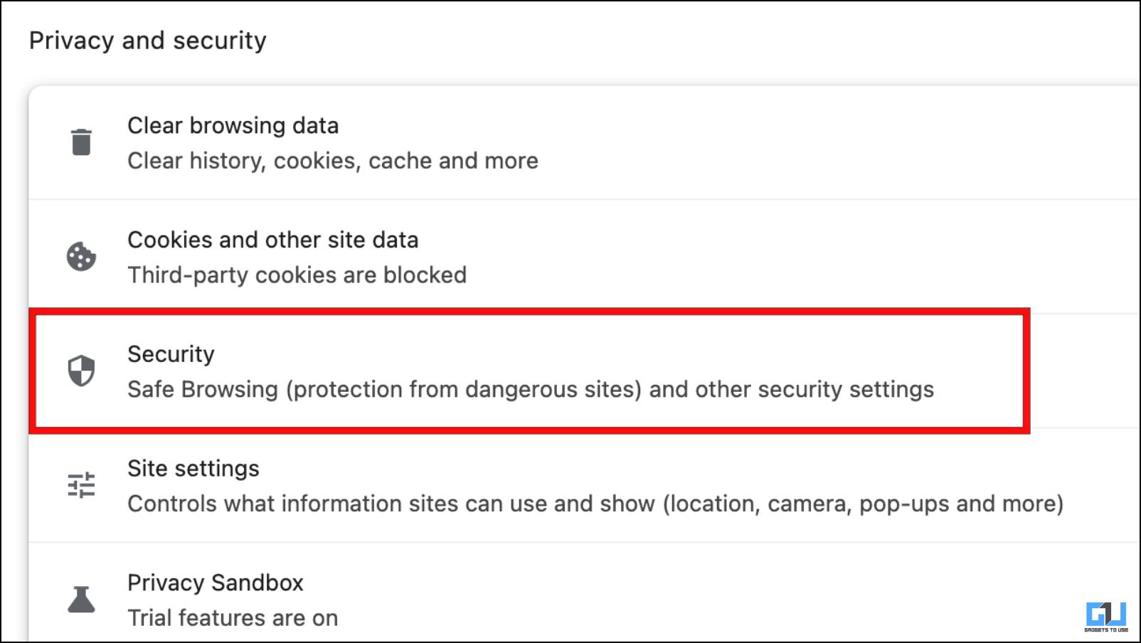 Visit Security Menu in Privacy and Security Settings on Chrome