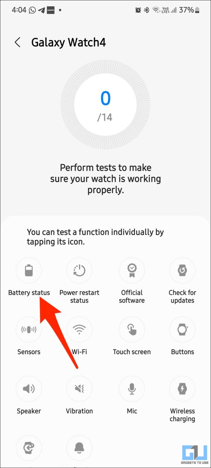 Tap Battery Status on Galaxy Watch Diagnosis Screen