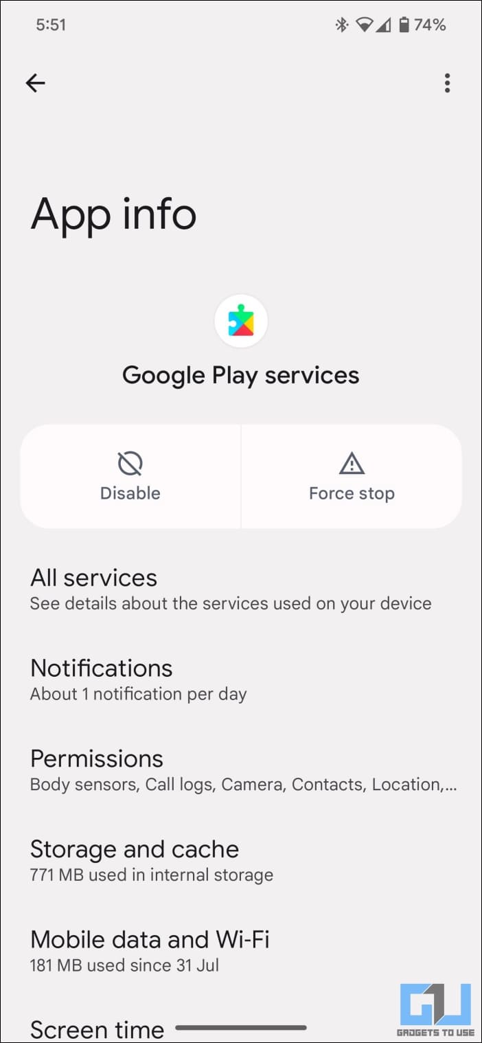 Google Play Services App Info Page