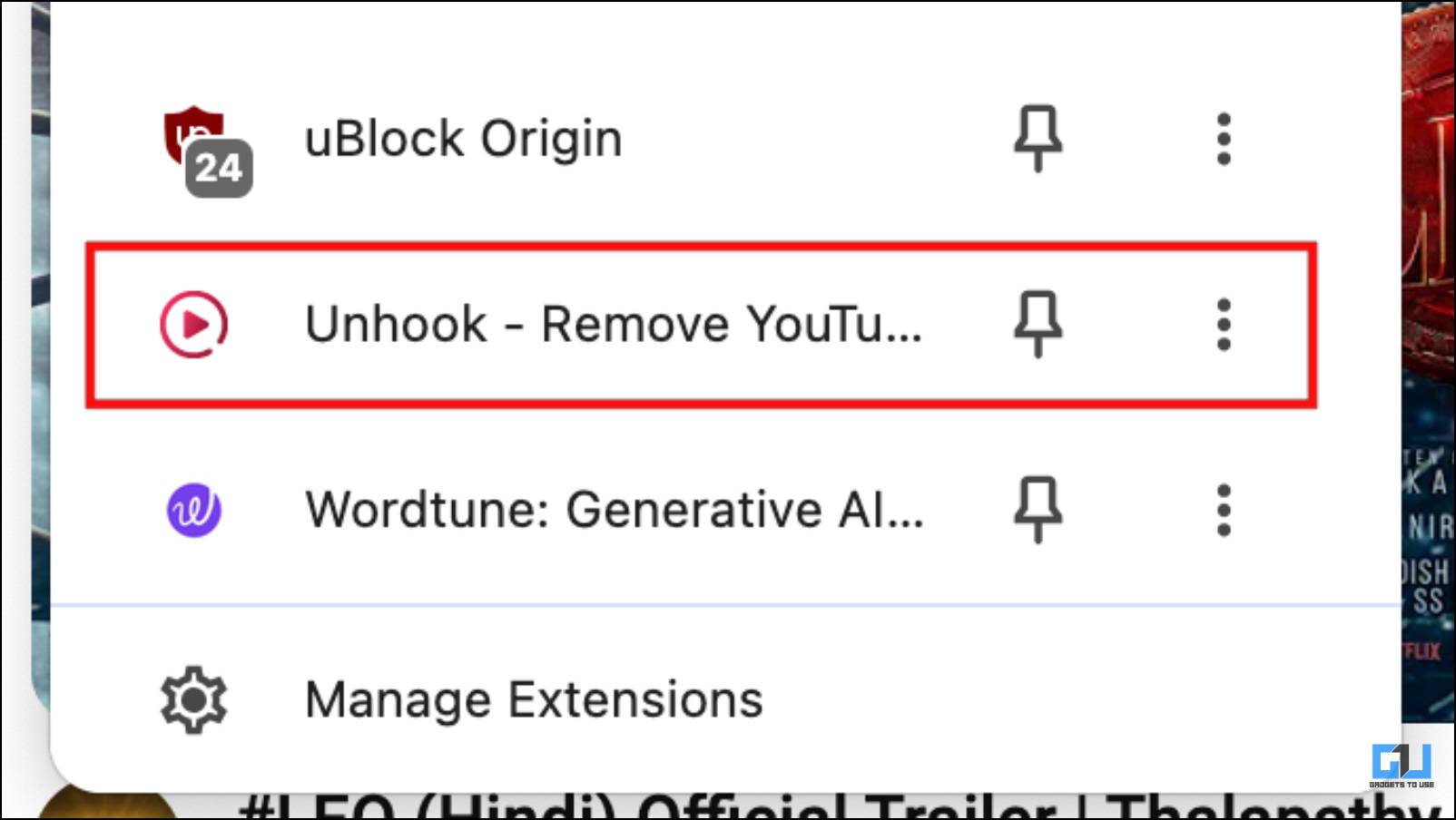Selecting Unhook Extension