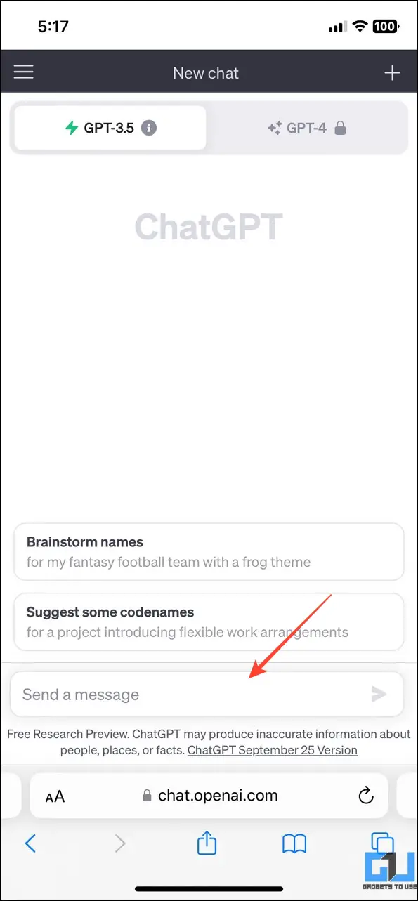 Tap the input text field on ChatGPT website