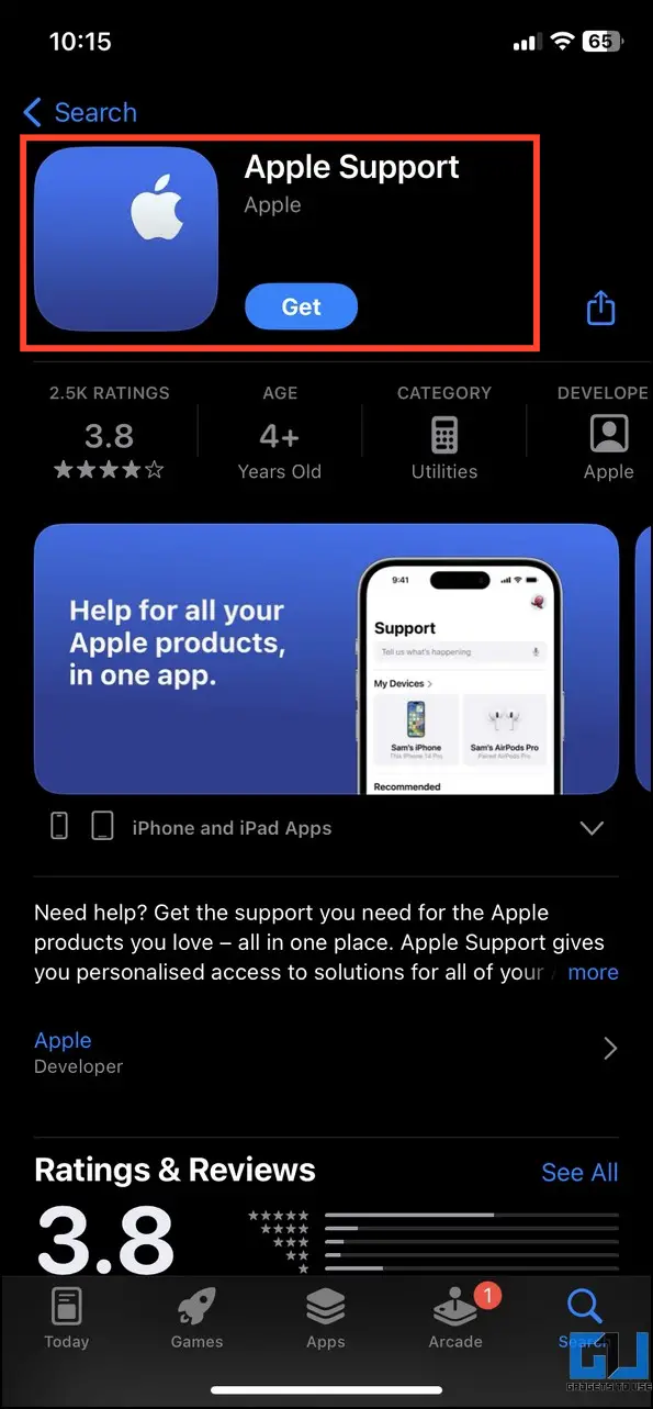 Install Apple Support app to Contact Apple Support