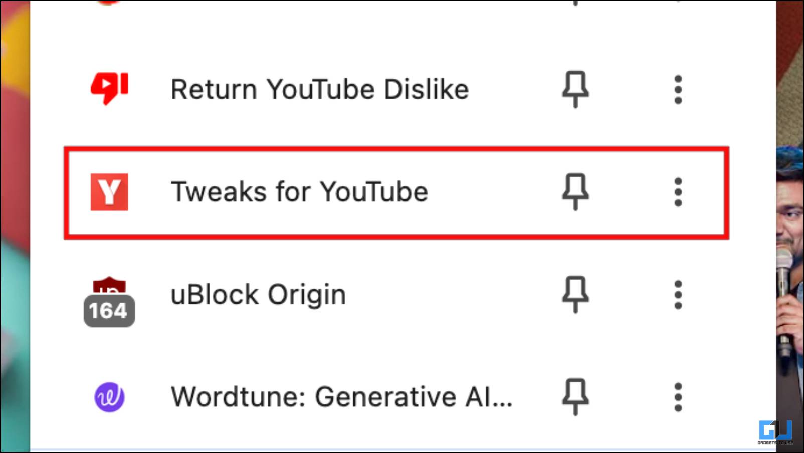 Apri Tweaks per l'estensione YouTube