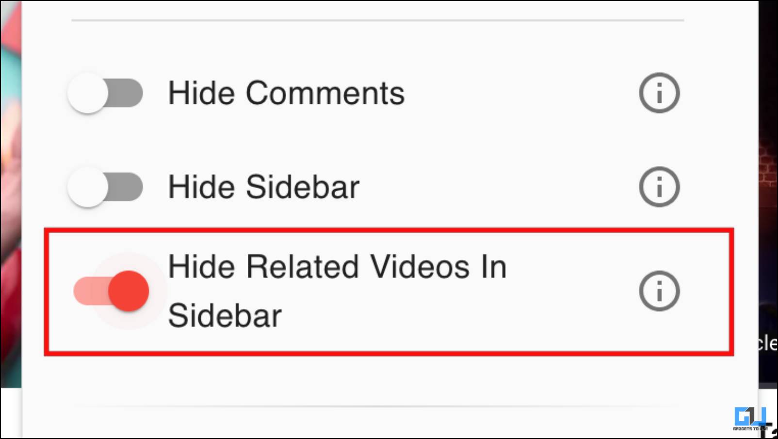 Enable Toggle to Hide Related Videos in YouTube Sidebar