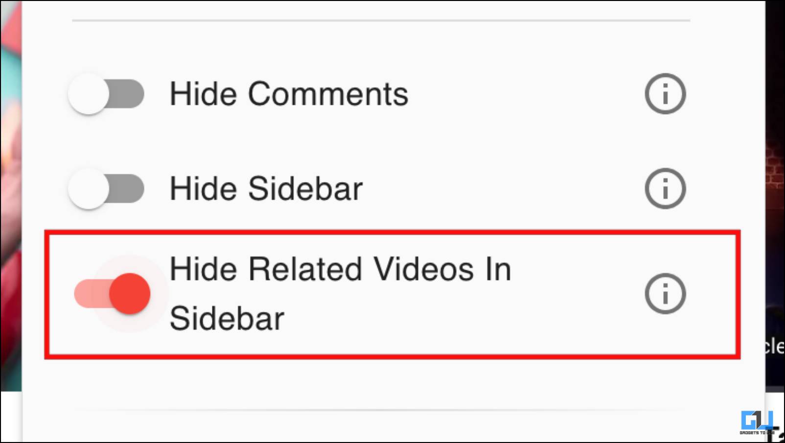Abilita l'interruttore per nascondere i video correlati nella barra laterale di YouTube