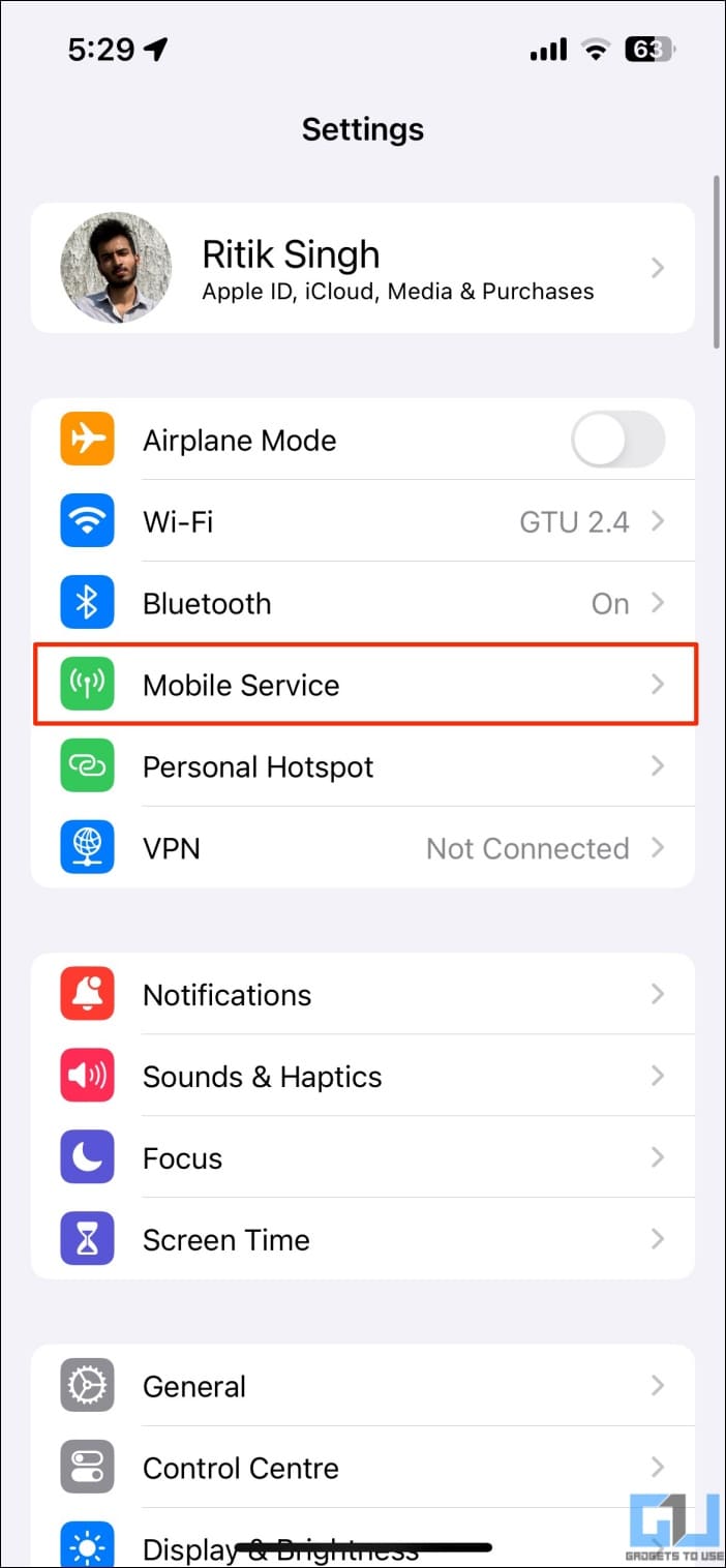 In iPhone Settings, tap Mobile Service