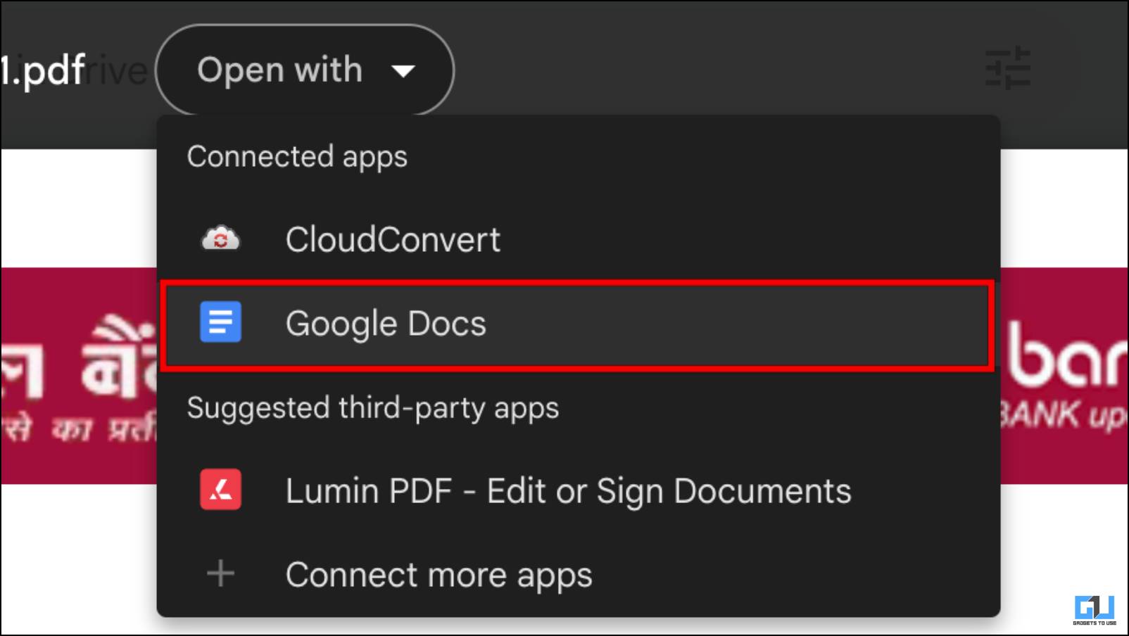Select Google Docs from the Open With Menu at the Top