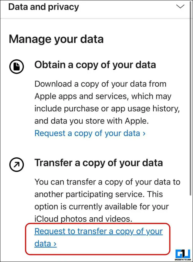 Select Request to Transfer a Copy of Your Data