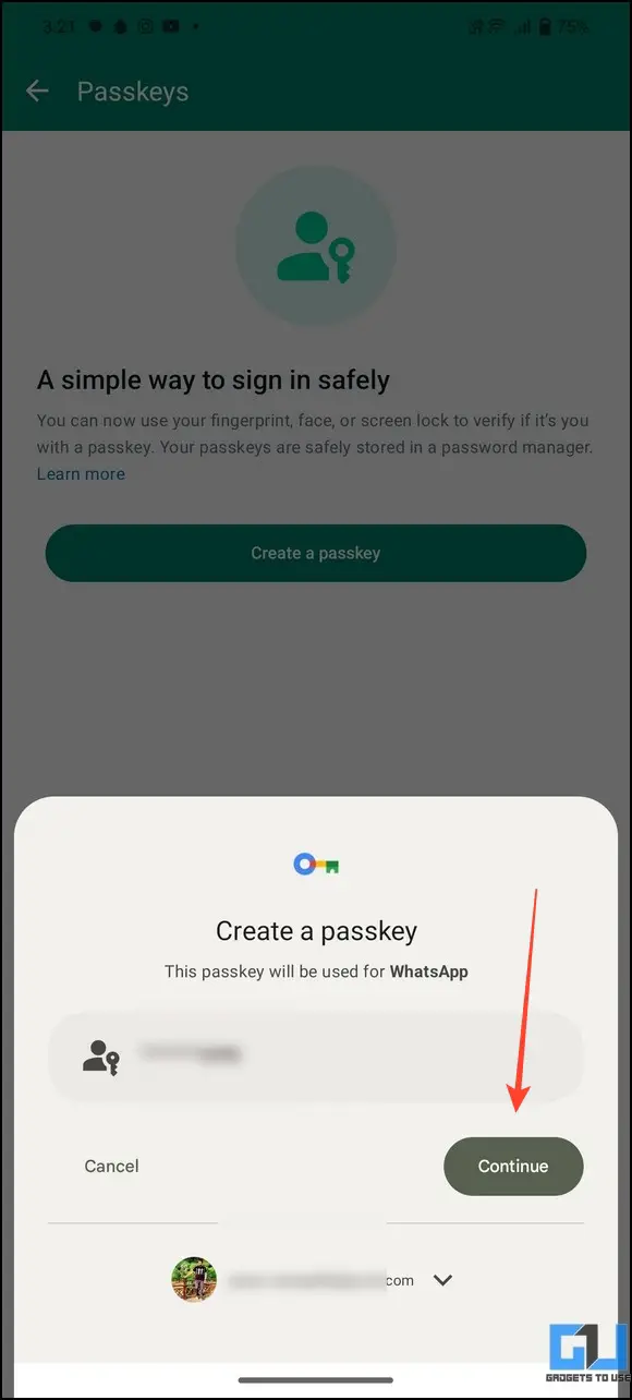 Ta Continue to link Passkey to your number and google account