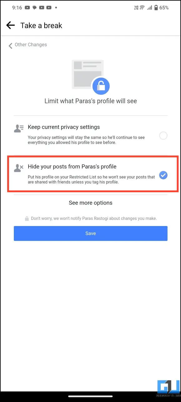 Select Hide your posts from the user's profile
