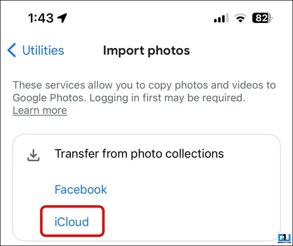 Tap on iCloud from the Transfer from Photos Collections