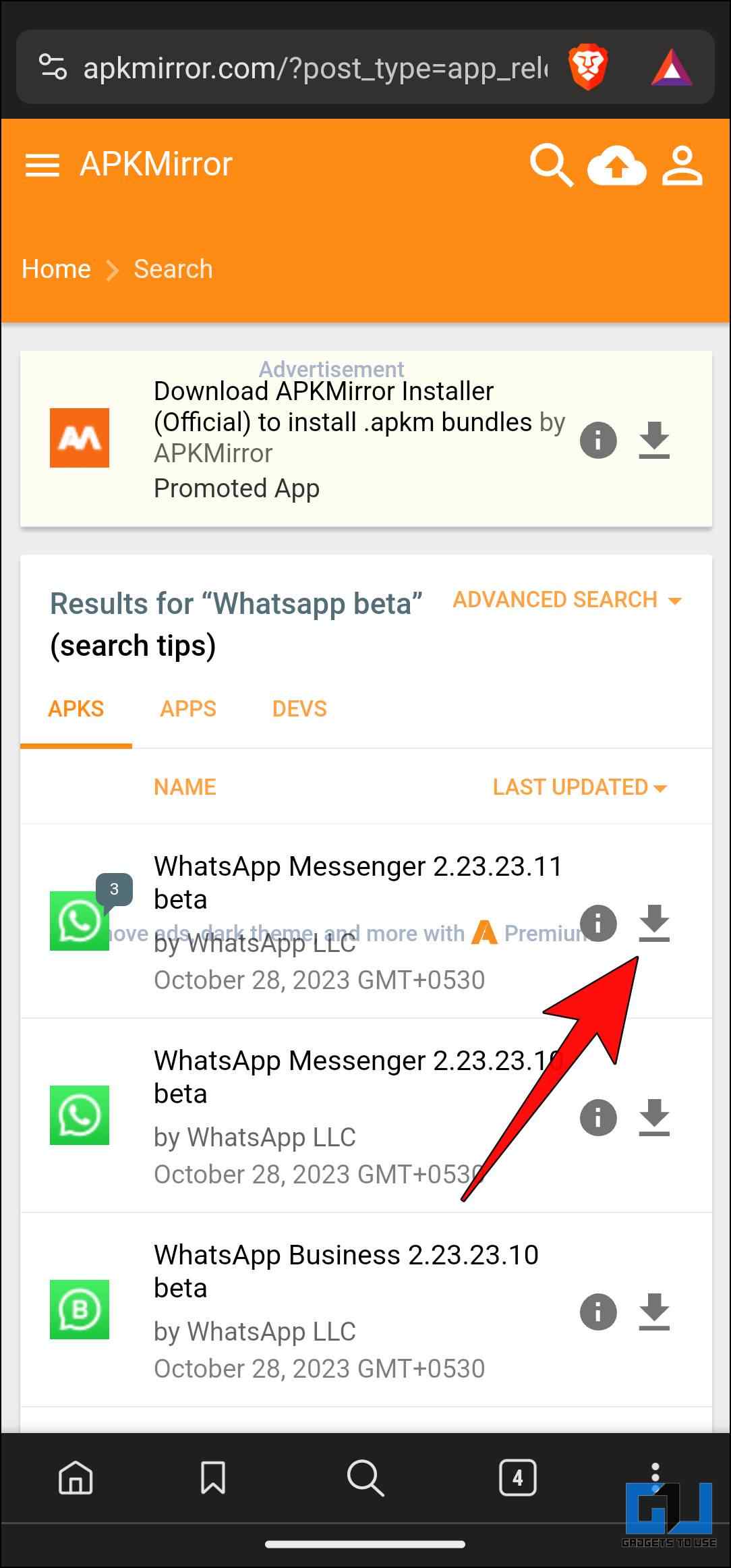 Select the Latest WhatsApp Beta APK and Tap on the Download Icon