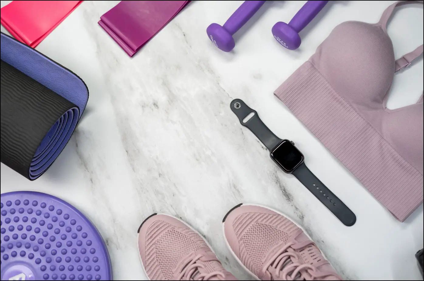 Smartwatch as a Daily Wearable, kept alongside Shoe and Yoga Mat