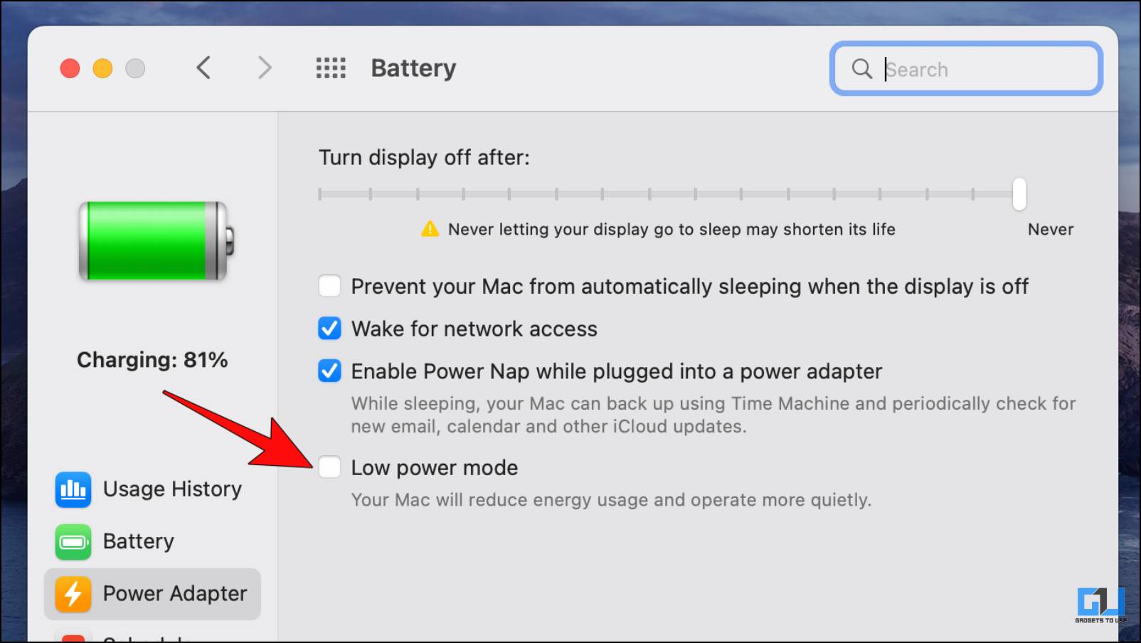 Uncheck the Box next to Low Power Mode