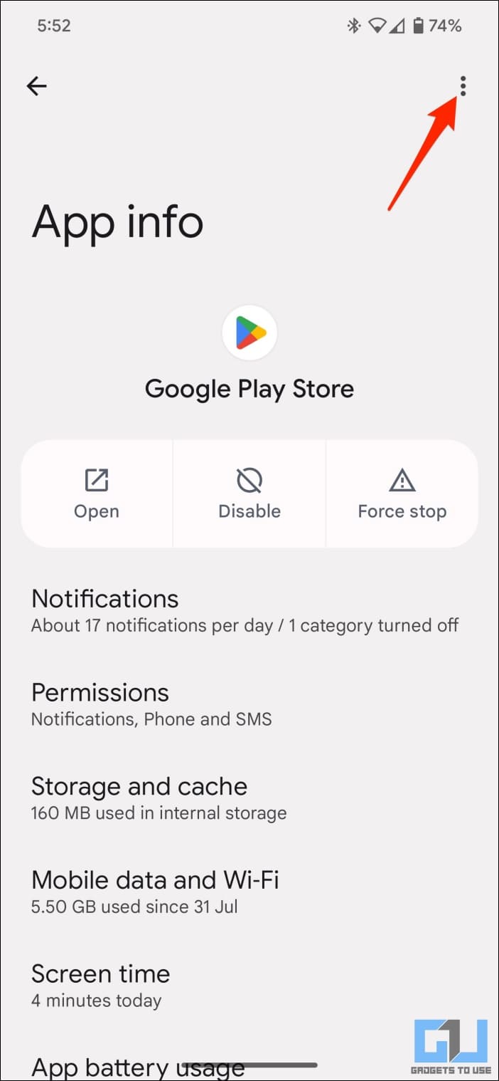 On Play Store App Info page, tap three dots on top right