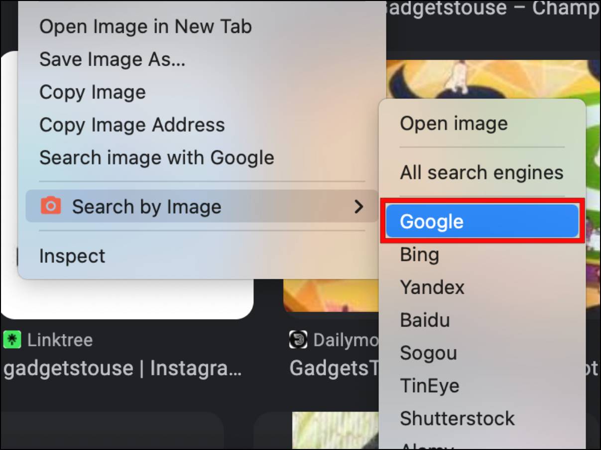 Choosing Google from Search By Image Extension