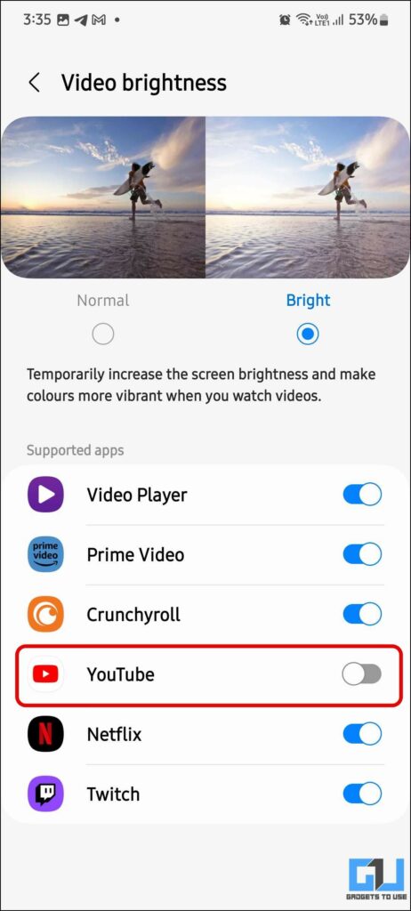 Turn off YouTube Toggle under bright mode