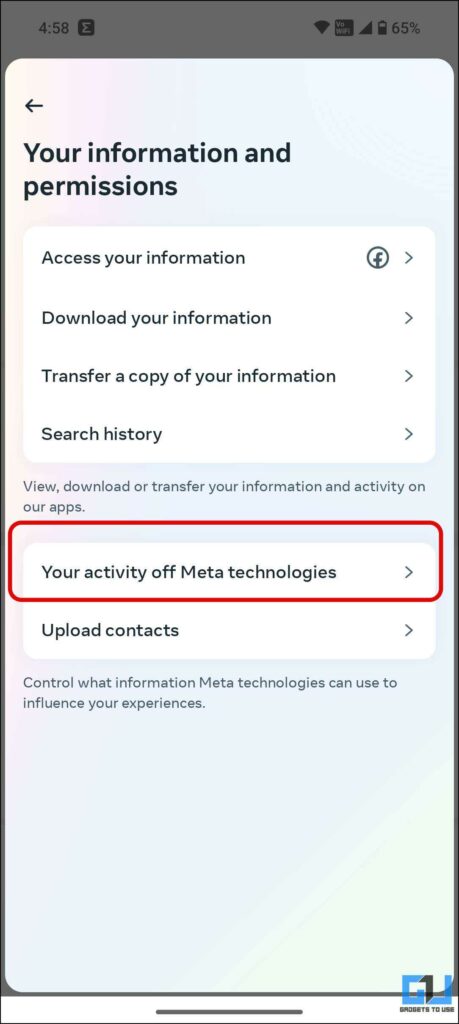 Go to view your activity off meta technologies