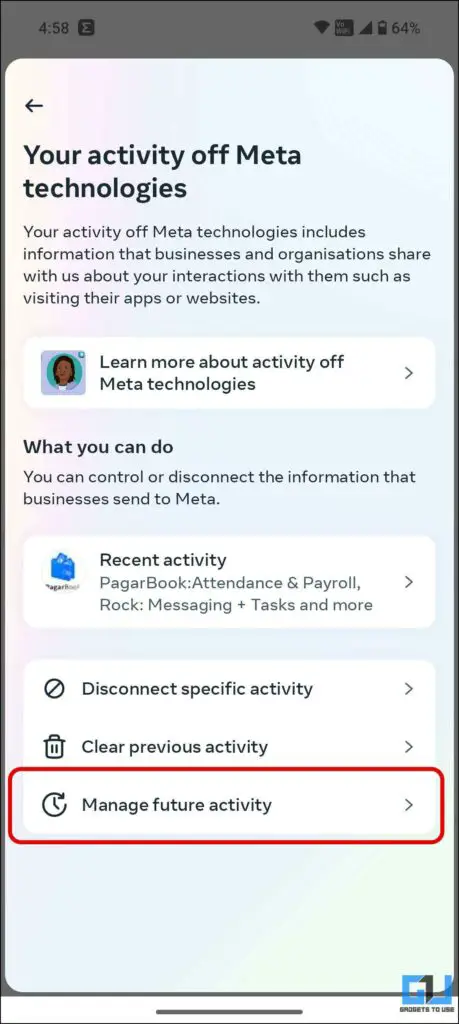 Tap on Manage Future Activity
