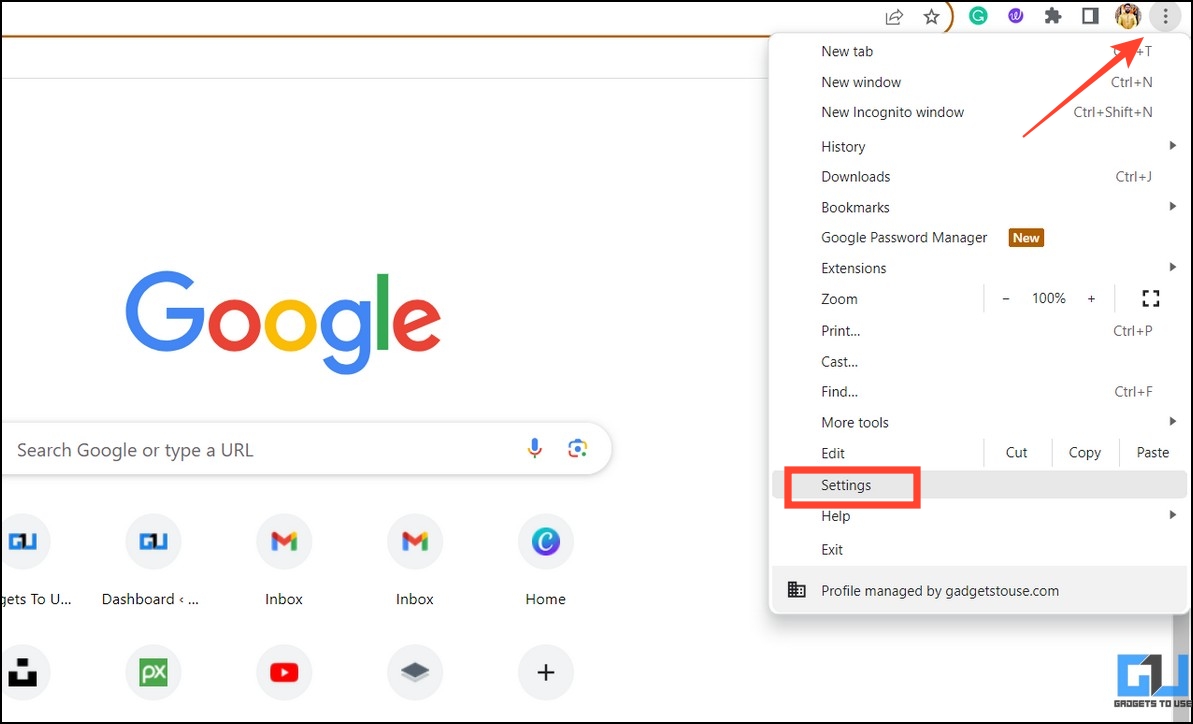 Go to browser settings from three dots menu