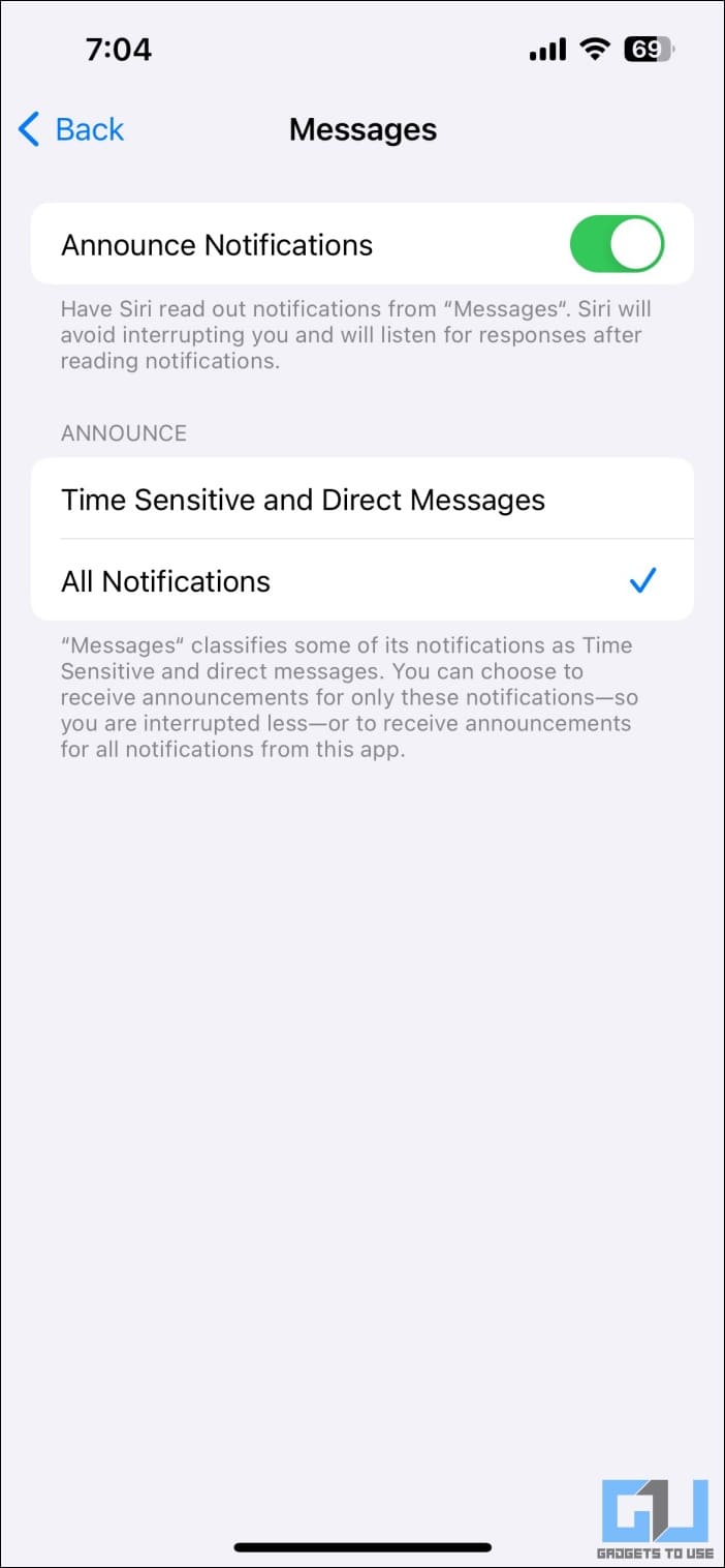 Turn On Announce Notifications for Messages