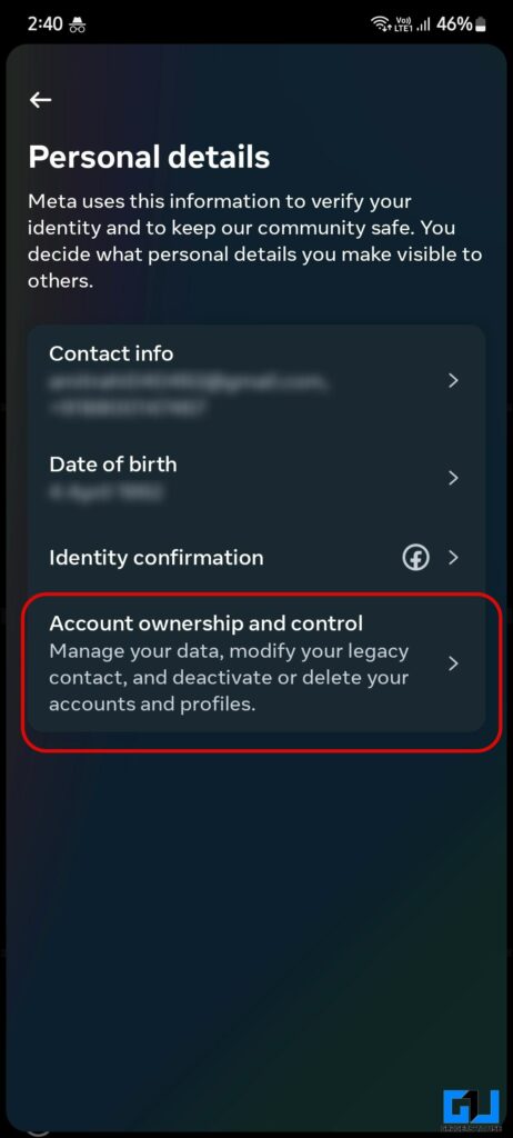 Tap on Account ownership and control