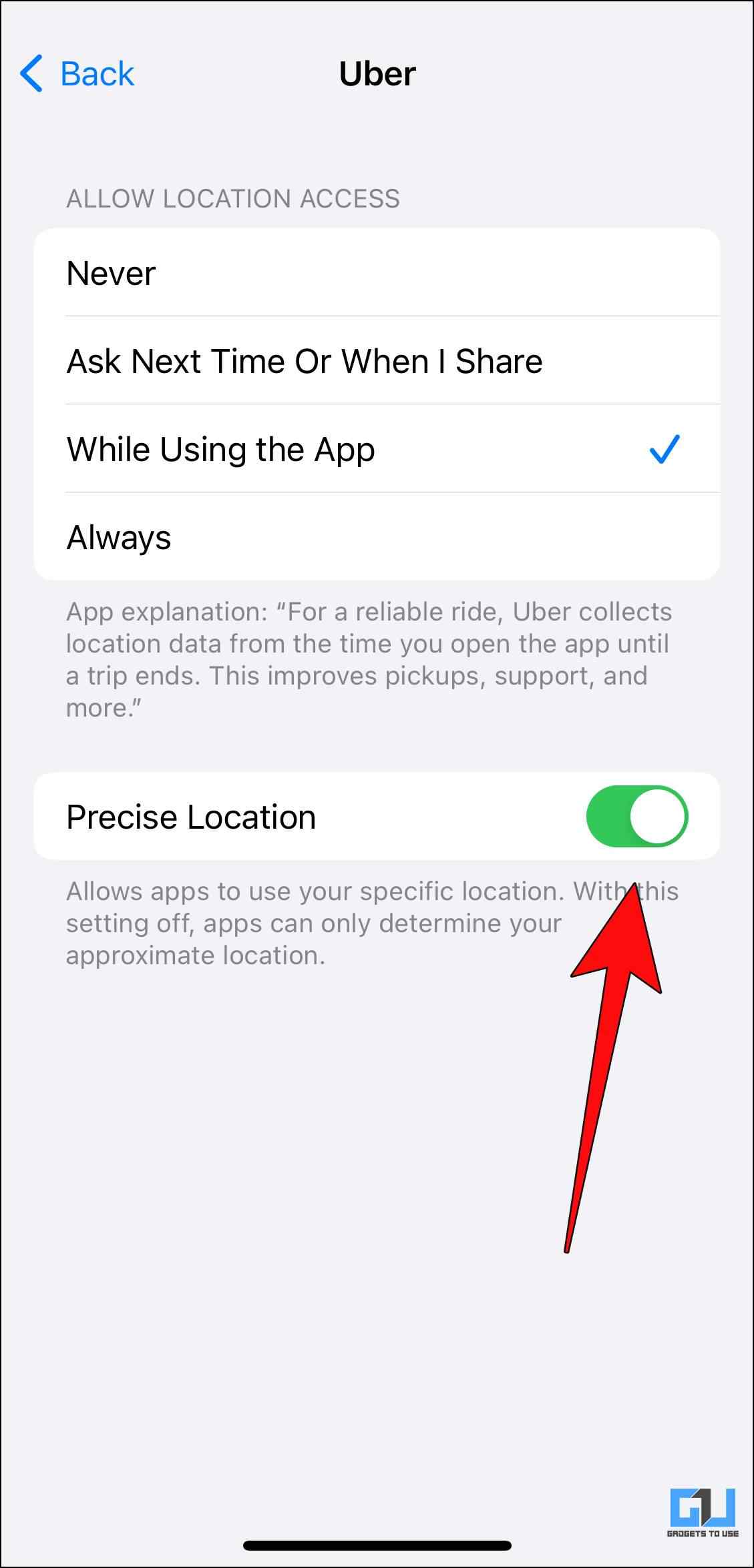Turn on the toggle for Precise Location
