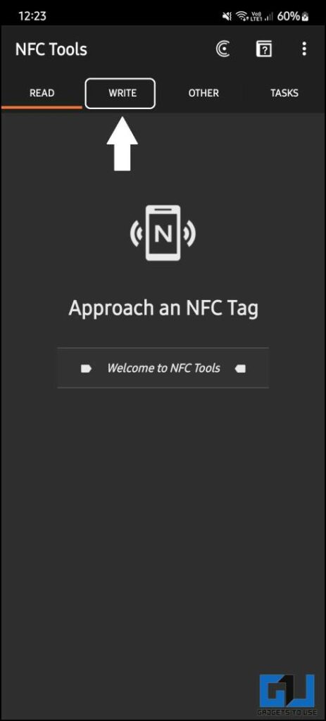 Go to Write tab on NFC tools app