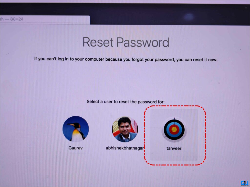Select Mac user profile to reset the password