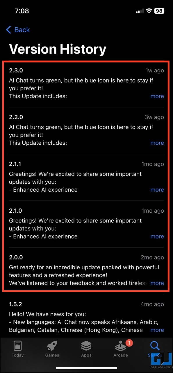 Check the last app update date from the version history page