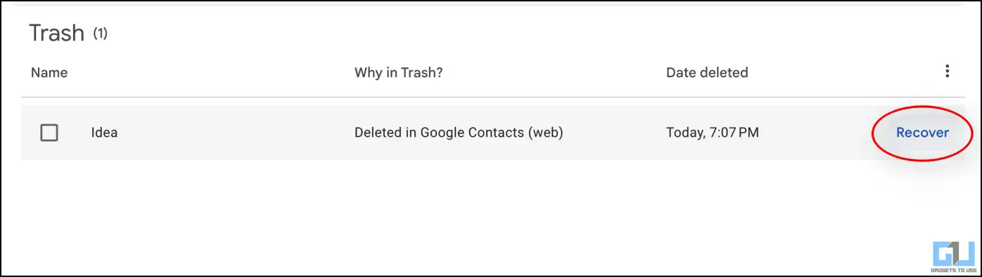 Tap Recover next to Contact name in Google Contacts Trash